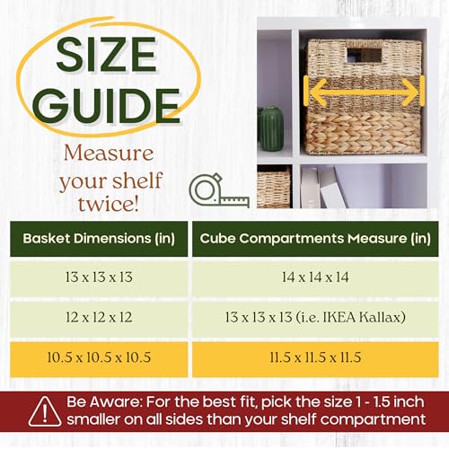 11x11 Wicker Storage Cubes Storage Baskets For Shelves Set 4 | 10.5 x 10.5 Water Hyacinth Storage Baskets Woven With Seagrass, Palm Leaf. Foldable Square Baskets With Carry Handles - size: 10.5x10.5x10.5