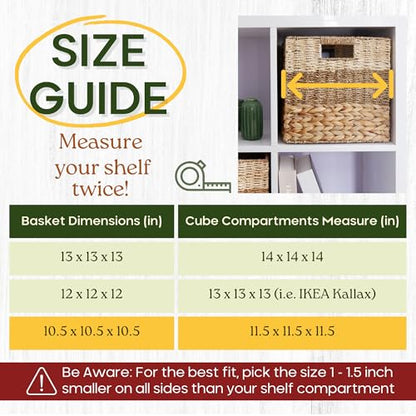 11x11 Wicker Storage Cubes Storage Baskets For Shelves Set 4 | 10.5 x 10.5 Water Hyacinth Storage Baskets Woven With Seagrass, Palm Leaf. Foldable Square Baskets With Carry Handles - size: 10.5x10.5x10.5
