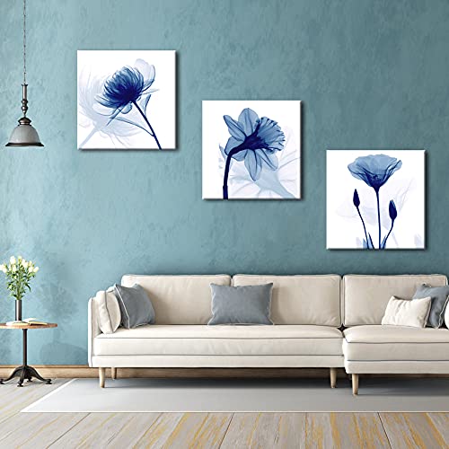 Wieco Art Blue Abstract Flowers 3 Panels Canvas Prints Wall Art Modern Pictures Artwork for Living Room Bedroom and Home Decorations - size: 20x20inchx3pcs (Unframed)