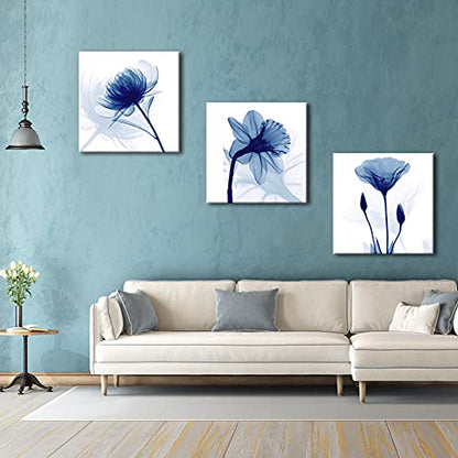 Wieco Art Blue Abstract Flowers 3 Panels Canvas Prints Wall Art Modern Pictures Artwork for Living Room Bedroom and Home Decorations - size: 20x20inchx3pcs (Unframed)