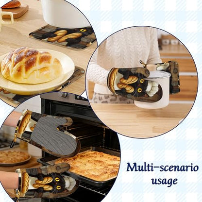 Funny Black Cat Oven Mitts and Pot Holders Chef Bread Silicone Kitchen Accessories Set of 4 Heat Resistant Non-Slip Long Gloves Potholder for Chef Cooking Baking Gifts Women Men - color: Funny Black Cat,chef Bread
