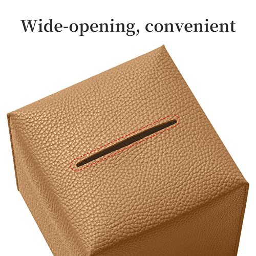 REGELETO Square Tissue Box Cover, Pu Leather Tissue Box Holder with Bottom Belt Modern Stylish Tissue Box Organizer for Bathroom, Bedroom, Hotel, Office Desk 5"X5"X5" - color: Single-camel