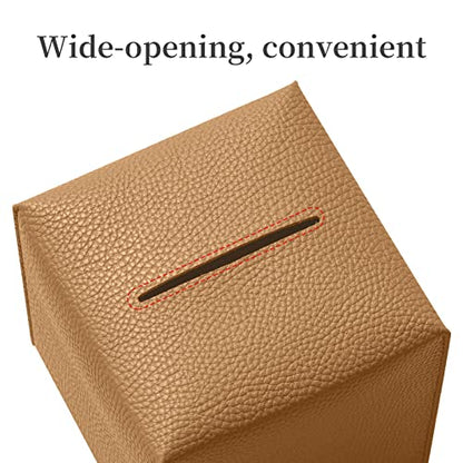 REGELETO Square Tissue Box Cover, Pu Leather Tissue Box Holder with Bottom Belt Modern Stylish Tissue Box Organizer for Bathroom, Bedroom, Hotel, Office Desk 5"X5"X5" - color: Single-camel