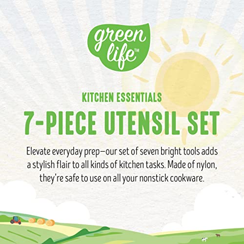 GreenLife Cooking Tools and Utensils, 7 Piece Nylon Set including Spatulas Turner Spoons and Tongs, Dishwasher Safe, Turquoise - color: Turquoise