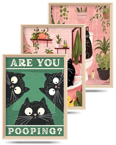 UPWOIGH Funny Cat Framed Bathroom Wall Art, 12 x 16 Inch, Set of 3 | Black Cats Reading and Bathing, Are You Pooping Quote, Pink and Green Prints, Beige Oak Frames for Restroom and Powder Room - color: pink and Blue