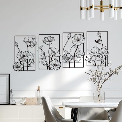 deeinglif Black Metal Wall Art Set of 4, 3D Metal Wall Decor for Living Room Bedroom Bathroom, Abstract Floral Mountain Nature Wall Sculptures, Modern Minimalist Iron Wall Art, 12 x 17 Inch