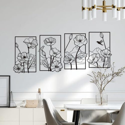 deeinglif Black Metal Wall Art Set of 4, 3D Metal Wall Decor for Living Room Bedroom Bathroom, Abstract Floral Mountain Nature Wall Sculptures, Modern Minimalist Iron Wall Art, 12 x 17 Inch