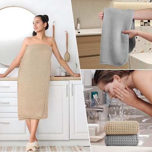 POLYTE 430 GSM Poly Blend Microfiber Quick Dry Waffle Bath Towel Set of 6 | 2-Body Towels, 2-Hand Towels, 2-Wash cloths, Oversize, Lint Free - color: Beige,light Gray
