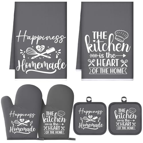 Sratte 6 Pcs Kitchen Decor Accessories Set, Kitchen, Dark Gray | Farmhouse Kitchen Towels Pot Holders Oven Mitts Set 2 Dish Towels 2 Potholders 2 Cooking Mittens for Baking Cooking Supply - color: Dark Gray, style: Kitchen