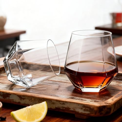Stemless Wine Glasses Set of 12, 11 oz Diamond Wine Glasses | Geometric Glass Cups, Clear Glassware Tumblers for Red White Wine, Cocktail, Bourbon, Whiskey