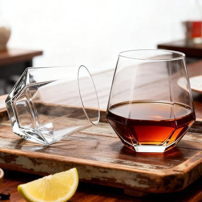 Stemless Wine Glasses Set of 12, 11 oz Diamond Wine Glasses | Geometric Glass Cups, Clear Glassware Tumblers for Red White Wine, Cocktail, Bourbon, Whiskey