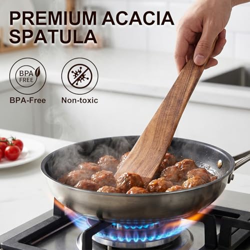 Acacia Wooden Spatula Set Non Toxic Kitchen Utensil Set Slotted Turner | Flat Wood Wok Spatulas for Cooking Spoon Kitchen Spurtle Bamboo Cooking Utensils Fish Egg Flipper Spatula Cast Iron Scraper - size: 4 Pieces