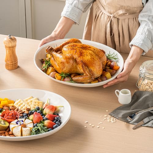 14 Inch Oval Serving Platters Set of 2, Large Wide Ceramic Serving Platter, White Porcelain Serving Trays for Entertaining, Turkey, Steak, Appetizers, Pasta, Salad