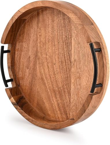Acacia Wood Tray Round Rustic Farmhouse Wooden Platter for Coffee Table, Ottoman, Drinks, Breakfast with 2 Black Iron Handles (12" X 12" X 1.6")