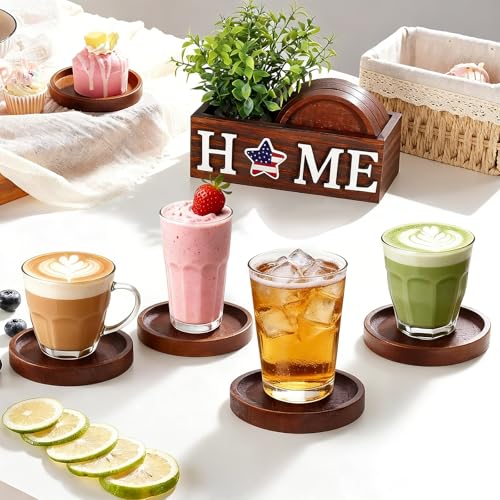 Wood Coasters Set of 4 for Drinks with Holder for Table Decor | Interchangeable Home Sign Green Plants Potted Wooden Coaster Set for Farmhouse Office Bar Drink Coffee Coasters Decor