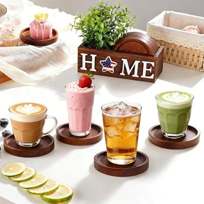 Wood Coasters Set of 4 for Drinks with Holder for Table Decor | Interchangeable Home Sign Green Plants Potted Wooden Coaster Set for Farmhouse Office Bar Drink Coffee Coasters Decor