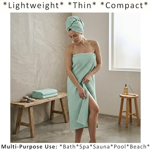 PÜSKÜL 2-Piece Natural 100% Turkish Cotton Waffle Bath Towels Extra-Large | Ice Green, 32x63" Bath Sheet Towel, Light Soft Absorbent Quick-Dry Lint-Free Premium Honeycomb Weave Oeko-Tex Made in Turkiye - color: Ice Green