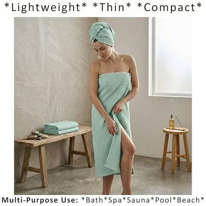 PÜSKÜL 2-Piece Natural 100% Turkish Cotton Waffle Bath Towels Extra-Large | Ice Green, 32x63" Bath Sheet Towel, Light Soft Absorbent Quick-Dry Lint-Free Premium Honeycomb Weave Oeko-Tex Made in Turkiye - color: Ice Green