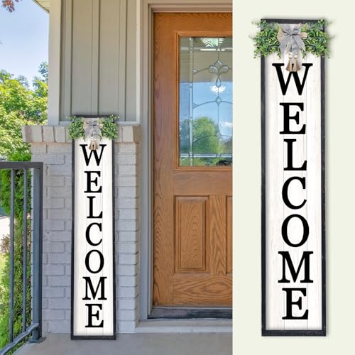 TQianJiang Front Porch Standing for Welcome Sign, 45"X9", Black | Front Door, Long Outside Vertical Leaner, Tall Wood Framed, Farmhouse, Outdoor Hanging - color: Front Porch Standing for Welcome (Black)