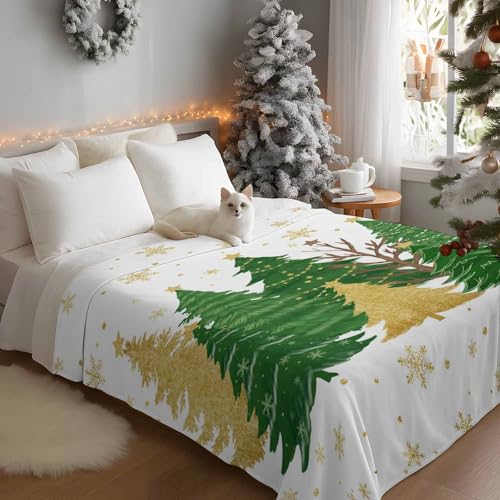 Christmas Tree Throw Blanket, Snowflakes Winter Xmas Super Soft Warm Flannel Blankets for Bed Couch Sofa Green Gold Tree Stars Lightweight Fluffy Plush Bed Throws 50x60 Inch - color: Green White, size: 50''x60''