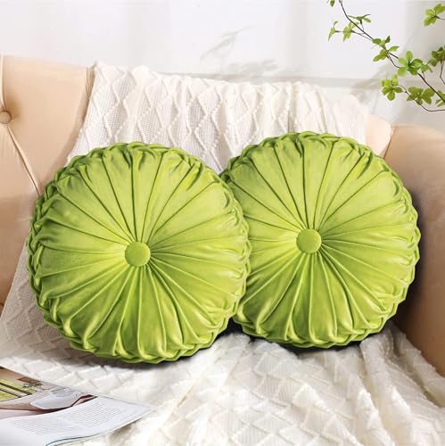 HIG Set of 2 Apple Green Velvet Decorative Round Pleated Throw Pillows | Vintage Floor Pillows, Classy Accent Pumpkin with Center Button, for Sofa Couch Vanity Chair Bed, 14.5" Diameter - color: Apple Green