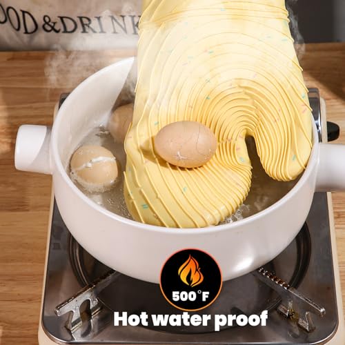 4 Pieces Oven Mitts and Pot Holders of Macaron Color Thickened Non-Slip Silicone Kitchen Gloves, Heat Resistant up to 500F, Essential for Kitchen Baking(makal-Huang) - color: Silicone-yellow