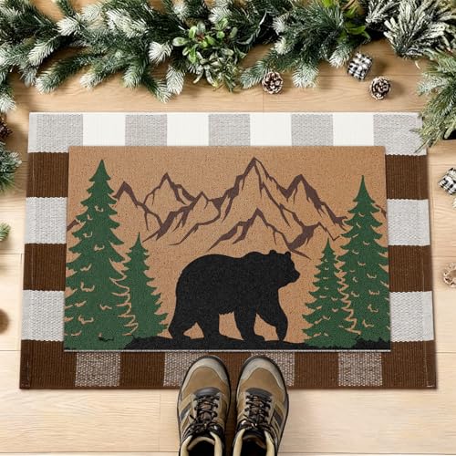 Timgle 2 Pcs Rustic Cabin Doormat Set 18" x 30" Bear Front Door Mat and 24" x 35" Brown White Buffalo Checked Outdoor Area Rug Farmhouse Non-Slip Welcome Mat for Country Outdoor Porch Entryway Decor - style: Cabin