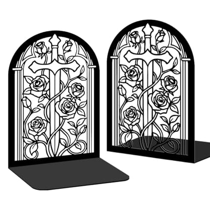 Bookends for Shelves, 2 Pcs Rose Flower Sword Design Book Ends Metal Decorative Bookends for Home Office and Library, Black - style: Rose and Sword