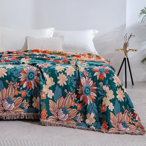 100% Cotton Muslin Quilt 80''x90'', Soft Breathable Lightweight Throw Blanket, Reversible Boho Bohemian Cottagecore Floral Bedspread Coverlet, Fringed Teal Sunflower Bed Throw Sofa Couch Décor - color: Sunflower Peony Teal, size: 80"x90"