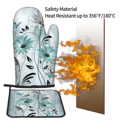 Giwawa Daisy Floral Oven Mitts and Pot Holder Set of 2 Teal White Flower Heat Resistant Kitchen Mitts Potholders Washable for Cooking Grilling BBQ - color: Daisy Floral