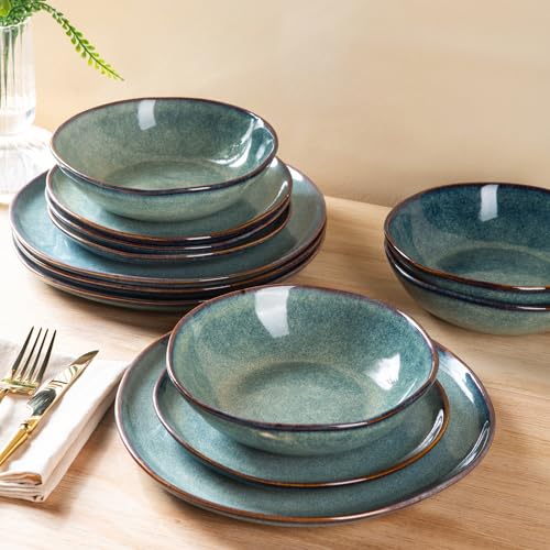 AmorArc Ceramic Dinnerware Sets for 4, 12Pcs Plates and Bowls Sets Dishes | Stoneware Handmade Reactive Glaze Dinner Set, Highly Scratch Resistant | Dishwasher & Microwave Safe Dishware - color: Vintage Blue, size: Service for 4