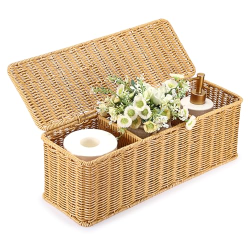 Sumnacon Wicker Storage Basket with Lid, Rectangular Narrow Baskets for Bathroom, Farmhouse Imitation Rattan Bin with Dividers, Decorative Handwoven Tray Organizer for Countertop Shelves Toilet Tank - color: Yellow
