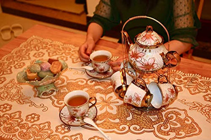 20 Pieces Porcelain Tea Set With Metal Holder, European Ceramic tea set for adults,Flower Tea Set,Tea Set For Women With Flower Painting (Large version, White) - color: White