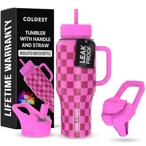 Coldest Tumbler with Handle and Straw, 100% Leak Proof Insulated Tumbler with Lid and Straw (3 Lids), Stainless Steel Tumblers for Women & Men, Cup Holder Friendly, 36 oz (Purple Checkers) - color: Purple Checkers, size: 36 oz