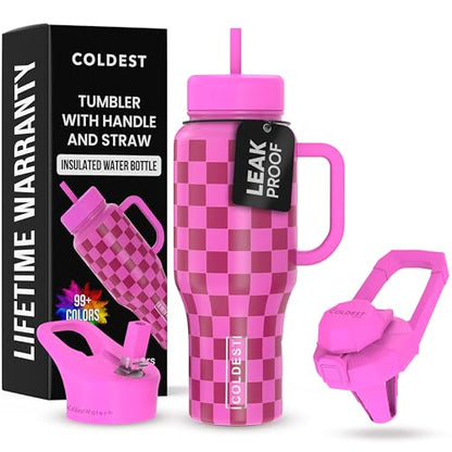 Coldest Tumbler with Handle and Straw, 100% Leak Proof Insulated Tumbler with Lid and Straw (3 Lids), Stainless Steel Tumblers for Women & Men, Cup Holder Friendly, 36 oz (Purple Checkers) - color: Purple Checkers, size: 36 oz