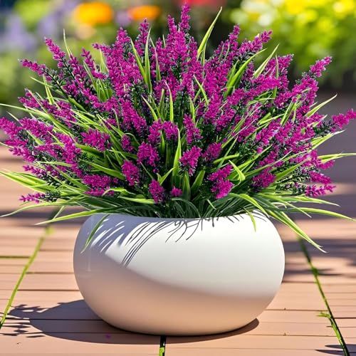 Geegoods 24 Bundles Artificial Lavender Flowers Outdoor, Fuchsia | UV Resistant Faux Plants with Monkey Grass, Realistic Plastic Flowers for Garden Porch Window Box Patio Hanging Planter Decor - color: Fuchsia, size: 24PCS