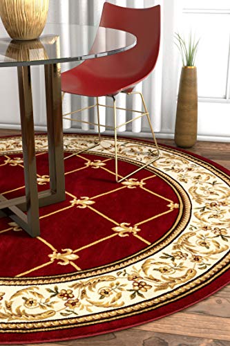 Patrician Trellis Red French European Formal Traditional 8 Round (7'10" Round) Area Rug Easy to Clean Modern Contemporary Floral Thick Soft Plush Living Dining Room Rug - color: Red, size: 7'10" (Round)