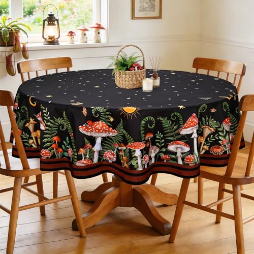Boho Mushroom Polyester Tablecloth, Black, Round, 70 Inch | Washable Reusable Water Resistant Table Cloth with Vintage Mushroom Print for Everyday Dining, Party, Decor - color: Black, size: 70" x 70" (Square)
