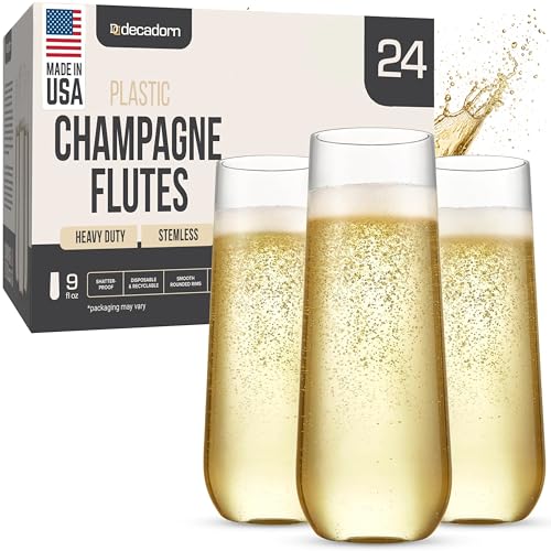 DECADORN Clear Stemless Champagne Flutes Plastic 24 Pack, Made in USA, 9oz Plastic Champagne Glasses - Durable and Sturdy Mimosa Glasses For Parties - Shatterproof, Recyclable, BPA-Free, Smooth Rims - size: 24 Pack