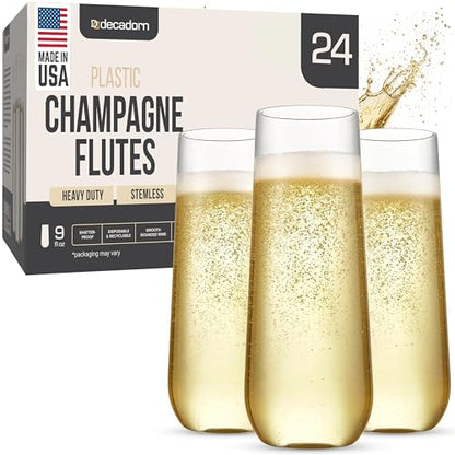 DECADORN Clear Stemless Champagne Flutes Plastic 24 Pack, Made in USA, 9oz Plastic Champagne Glasses - Durable and Sturdy Mimosa Glasses For Parties - Shatterproof, Recyclable, BPA-Free, Smooth Rims - size: 24 Pack