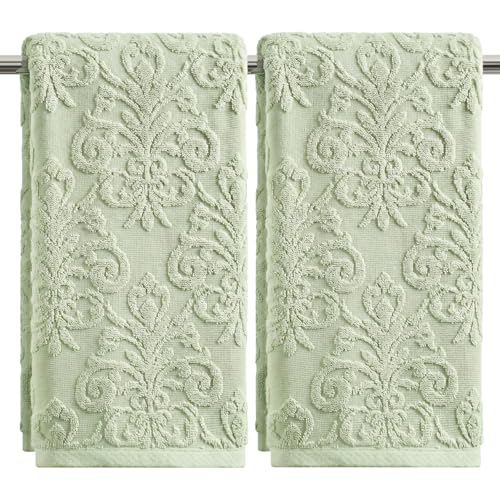 Artoid Mode 2 Pcs Light Green 3D Vintage Floral Hand Towels for Bathroom, 100% Cotton Soft Absorbent Bathroom Decor Towels, 13.7 x 29.5 Inch - color: Light Green, size: 13.7" x 29.5", 2PCS