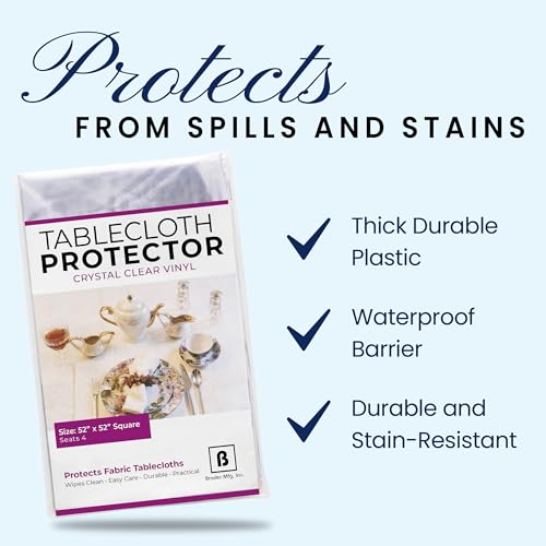 BRODER MFG. INC. Tablecloth Protector Crystal Clear Vinyl (52"x52" Square) | Thick, Durable Clear Table/Tablecloth Protector | Perfect for Parties, Special Occasions, Gatherings, and Everyday Use - size: 52" x 52" (Square)