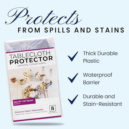 BRODER MFG. INC. Tablecloth Protector Crystal Clear Vinyl (52"x52" Square) | Thick, Durable Clear Table/Tablecloth Protector | Perfect for Parties, Special Occasions, Gatherings, and Everyday Use - size: 52" x 52" (Square)