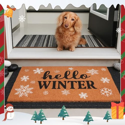Tinideya Christmas Welcome Front Doormat, Xmas Non Slip Outdoor Mat Rug with Christmas Snowflake Decoration Pattern for Farmhouse Home Entrance Decor Yard Floor Patio, 17 x 30 Inches(Hello Winter) - style: Hello Winter