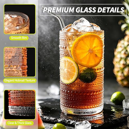 Large Hobnail Drinking Glasses with Straws, 16 oz/480 ml, 6 Pack | Vintage Hobnail Glassware Highball Glasses for Cocktail, Juice, Whiskey, Beer, Milk and Various Mixed Drinks