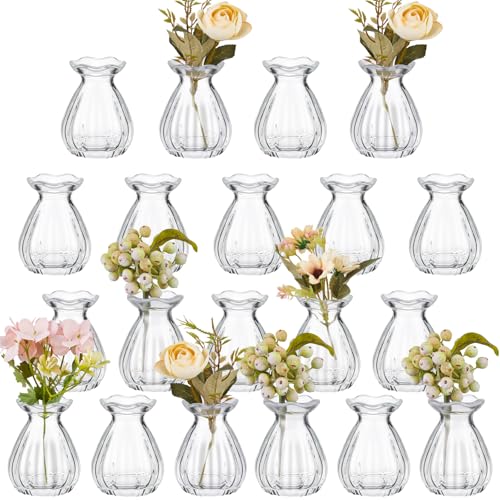 20 Pieces Glass Bud Vase Ribbed Mini Flower 3.5 Inch,Clear | Bulk Centerpieces for Wedding Bridal Shower, Baby Shower Table Decor, Crystal Ribbed Design Holds Small Bouquets - color: Clear