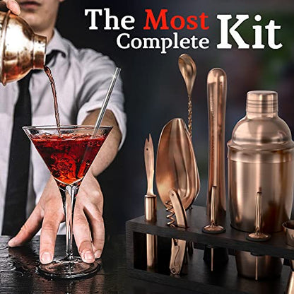 Highball & Chaser Bartender Kit with Espresso Bamboo Stand. Beautiful Cobbler Cocktail Shaker Set with Bar Tools Rustproof Stainless Steel Bar Set (Antique Copper) - color: Copper