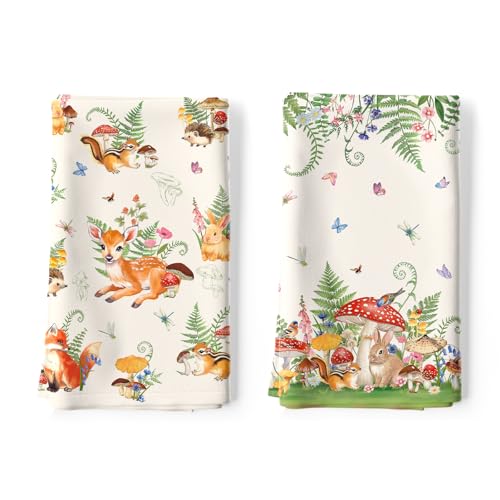 Mushroom Deer Tea Towels, 100% Cotton Kitchen Towels, Set of 2 | 18.9 x 27.5 in / 48 x 70 cm, Lightweight Woven Dish Cloth with Mushroom Deer Print for Kitchen Decor, Housewarming Gift - color: Animals
