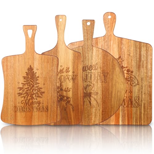 SiliFine 4 Pcs Acacia Wood Cutting Boards with Handles, Christmas | Thick Butcher Block, Reversible Surface, Natural Acacia Hardwood, Assorted Sizes Nest for Storage, Easy-grip Handle Design - style: Christmas