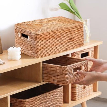 Rattan Basket with Lid, 11.81"×7.87"×5.91", Handwoven Storage | Handwoven from natural rattan | Durable & sturdy lid | Stackable design | Ages beautifully over time - size: 11.81"×7.87"×5.91"